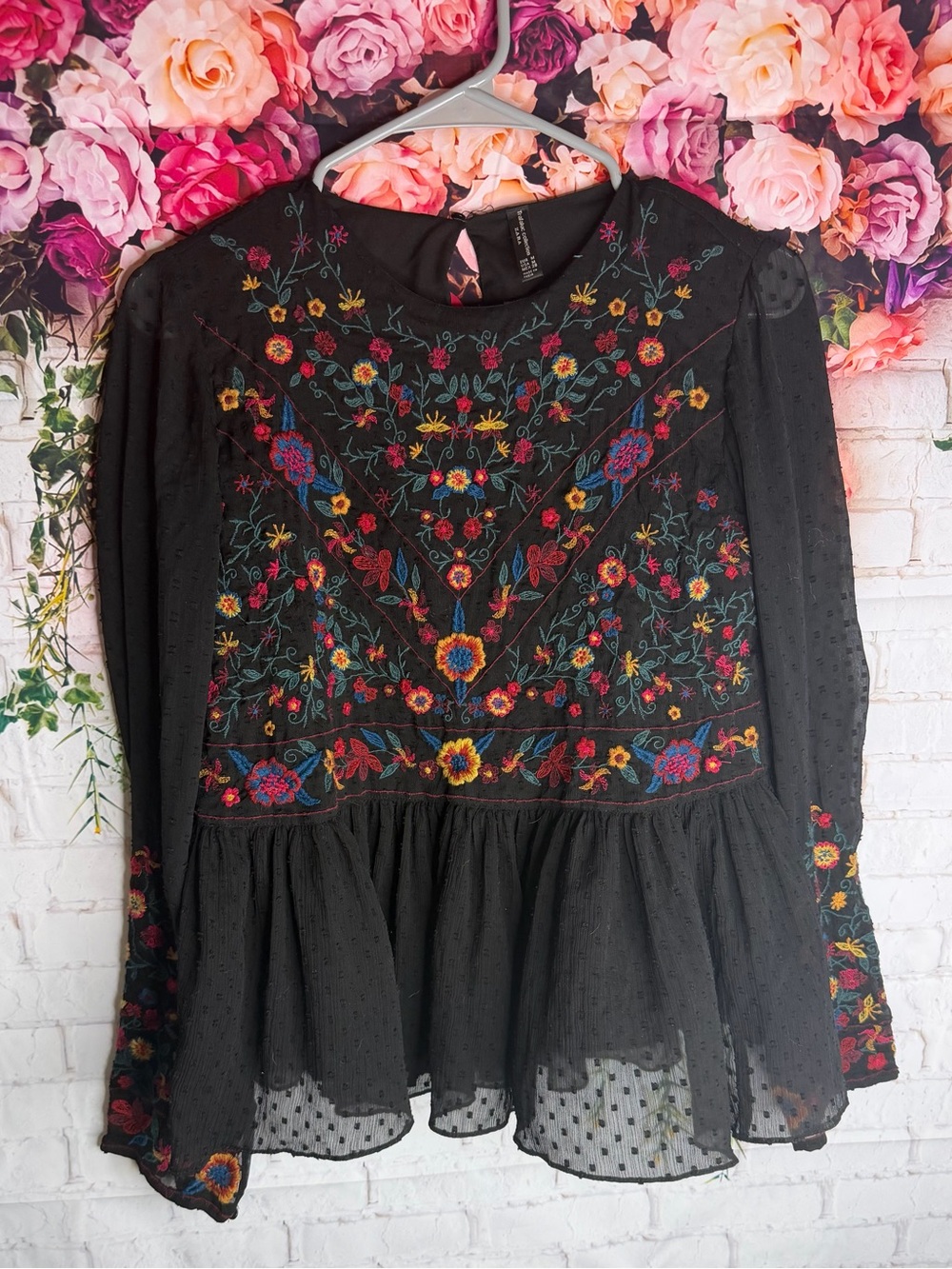 Zara Trafaluc Collection Black Floral Embroidered Swiss Dot Peplum Blouse - Picture 4 of 8